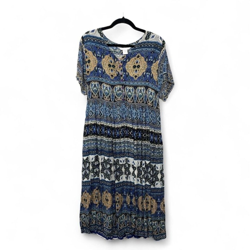 Vintage 90s Cottagecore Boho Rayon Button Front Midi Dress Short Sleeve Small